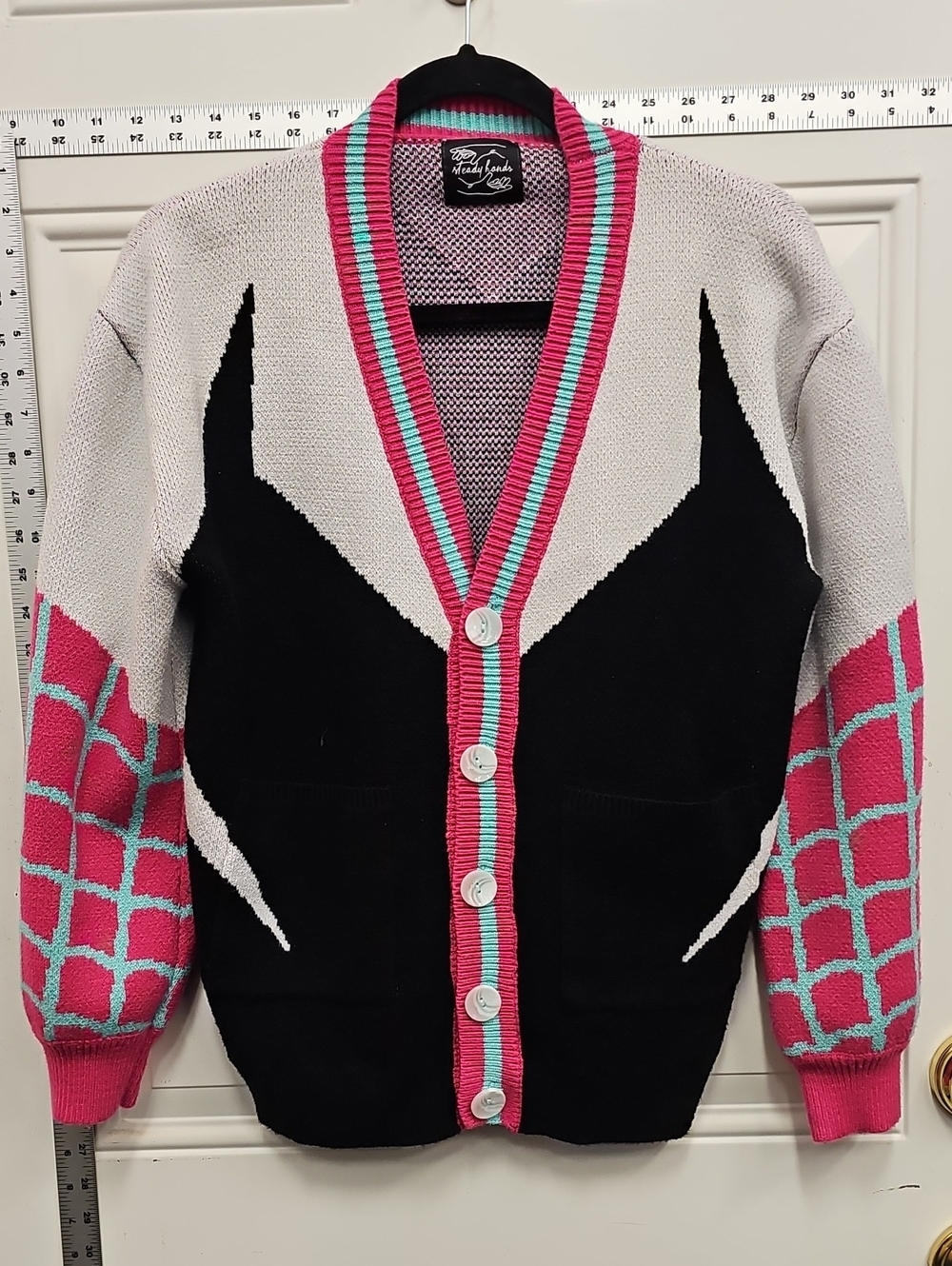 Colorblock V-Neck Button Cardigan Sweater - Pink, Black, Gray, Turquoise